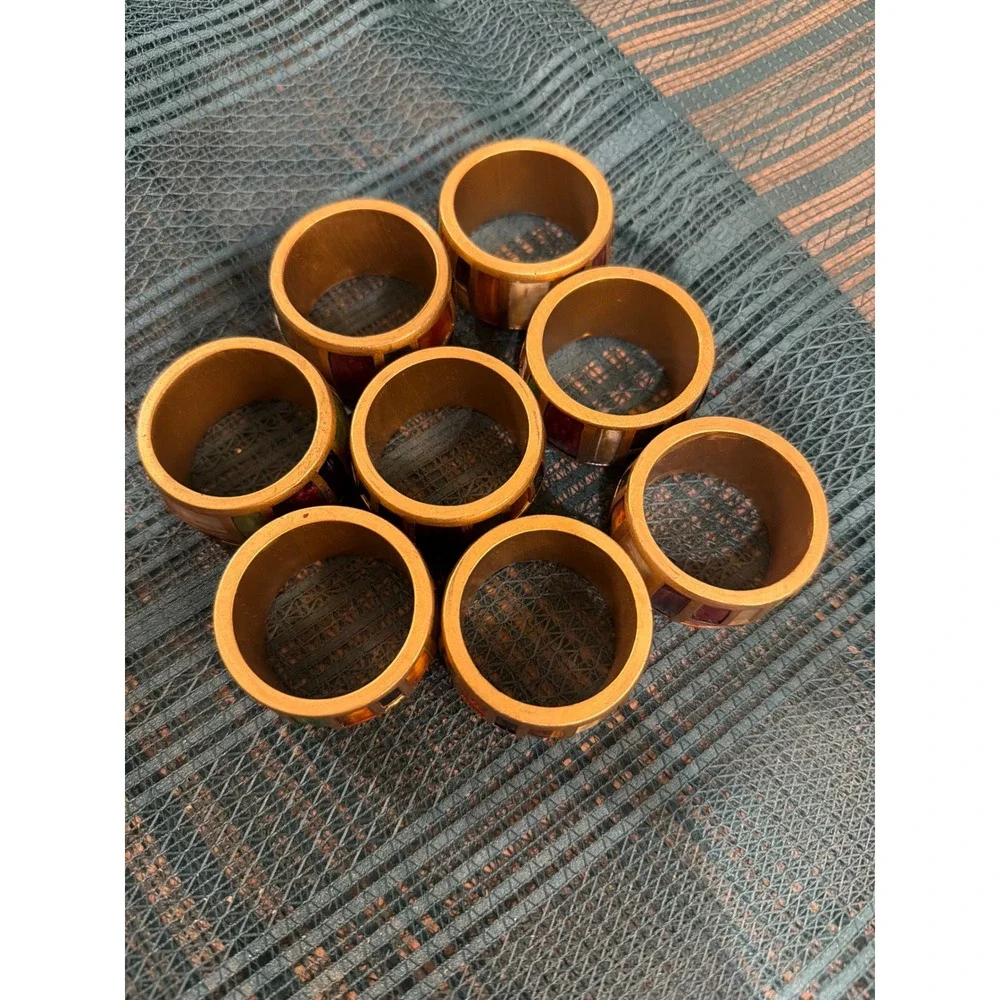 Set of 8 Stained Glass Style Mosaic Napkin Rings Gold Tone Jewel Tones Geometric